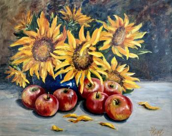 Sunflowers and red apples (Oil Painting With Sunflowers). Kirilina Nadezhda