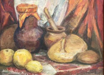 Painting Rustic still life with krynka and bread.. Kirilina Nadezhda