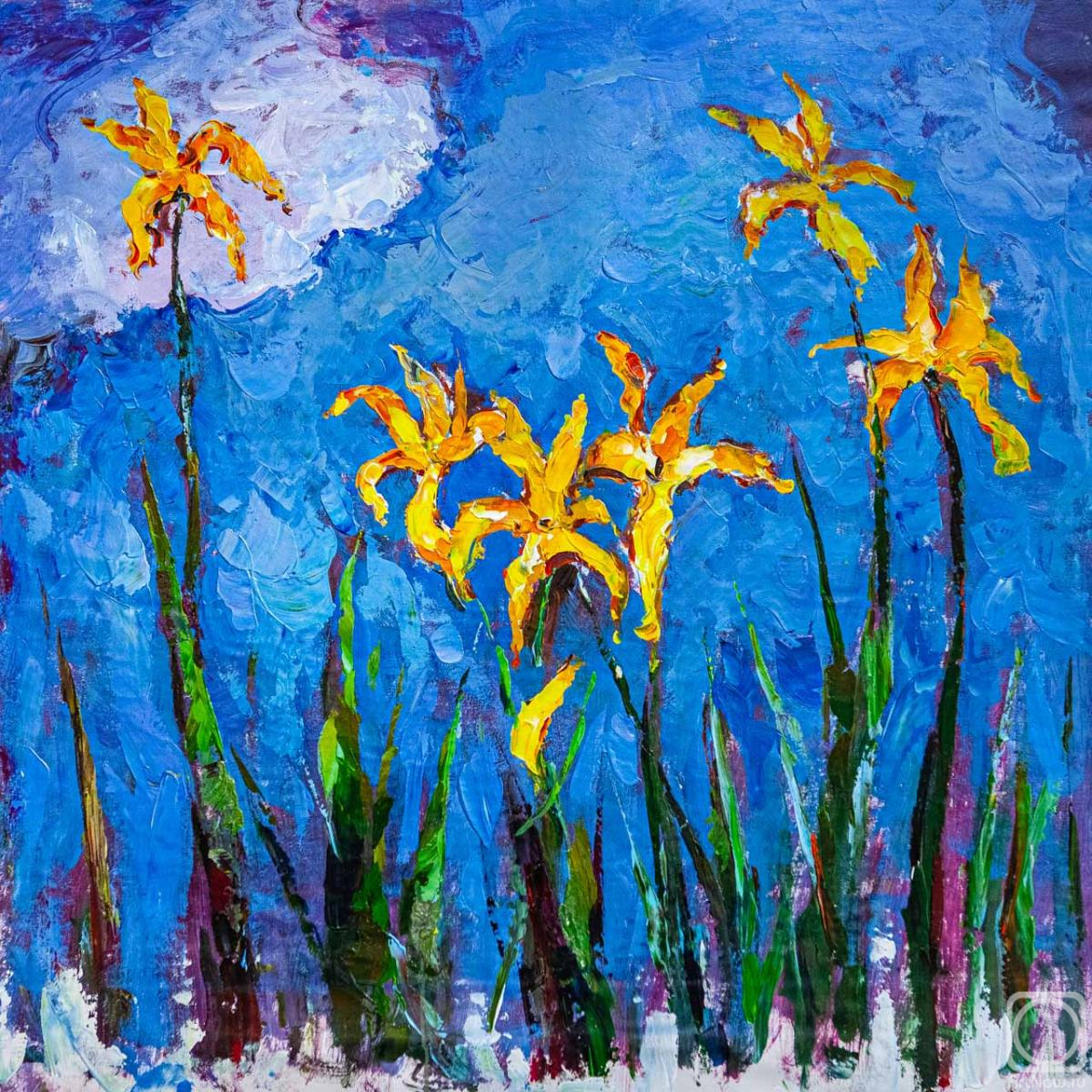 Rodries Jose. A free copy of the painting by Claude Monet. Yellow irises with a pink cloud