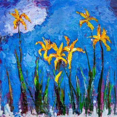 A free copy of the painting by Claude Monet. Yellow irises with a pink cloud