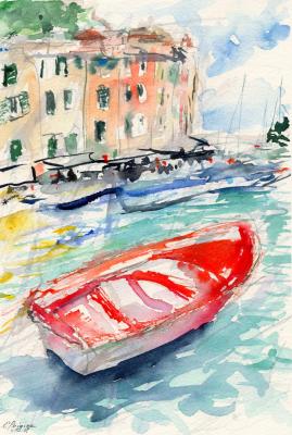 Italy. Red boat on the pier (Portofino). Poygina Elena