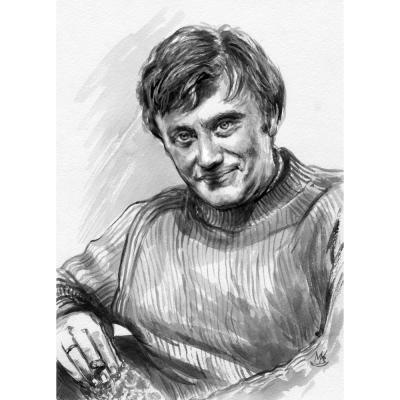 Black and white watercolor portrait of Andrei Mironov. Kozlova Mariya