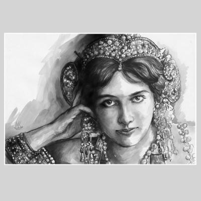 Black and white watercolor portrait of dancer Mata Hari.