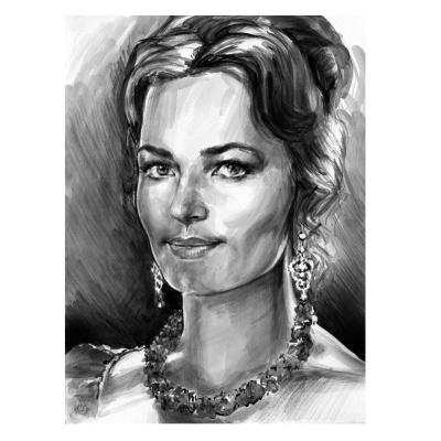 Black and white watercolor portrait of Ludmila Chursina.