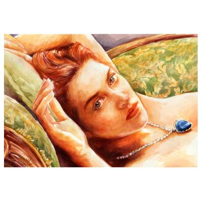 Watercolor portrait of actress Kate Winslet as Rose in Titanic.