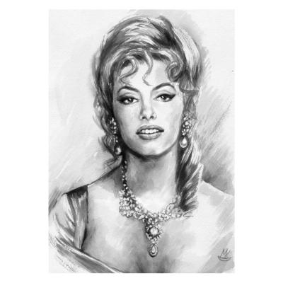Black and white watercolor portrait of actress Michel Mercier as Angelique from the movie "Angelique".