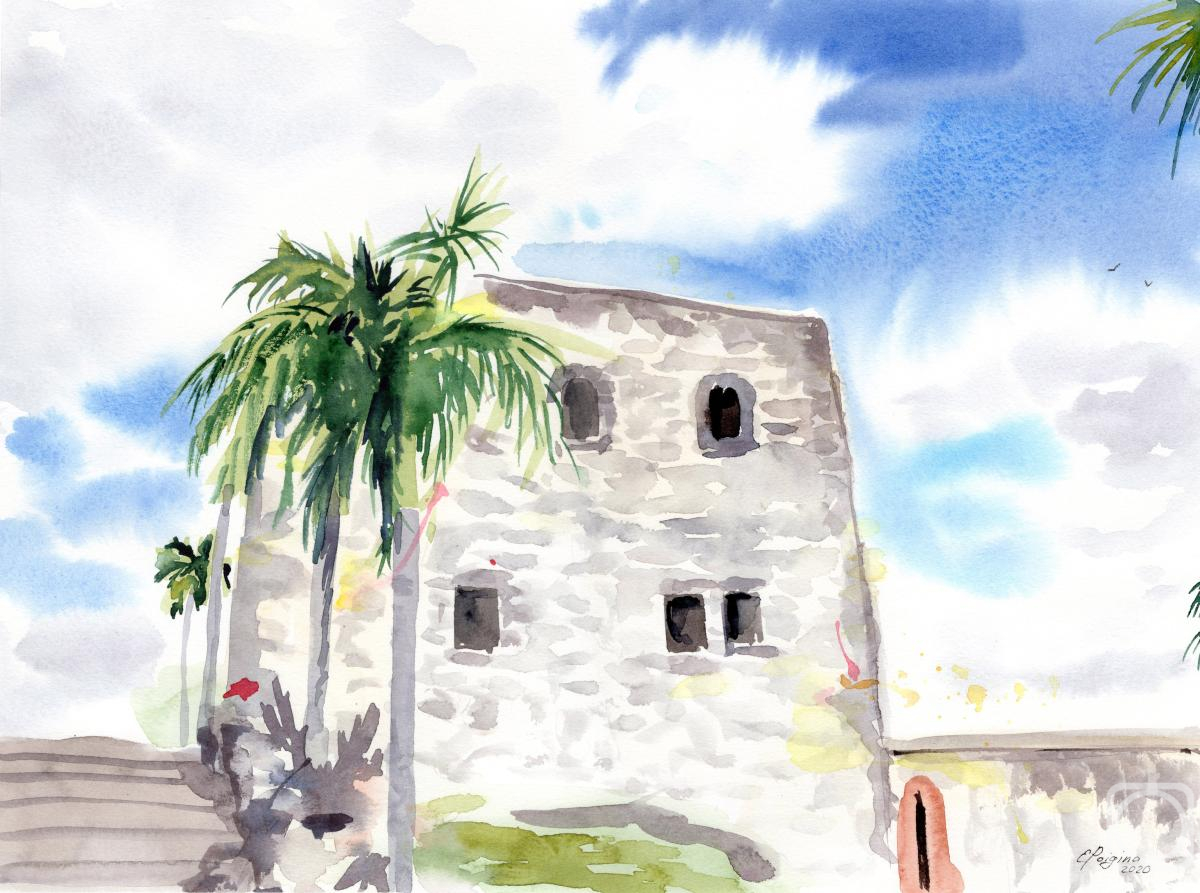 Poygina Elena. Palm trees and ancient architecture. Dominican Republic. Santo Domingo