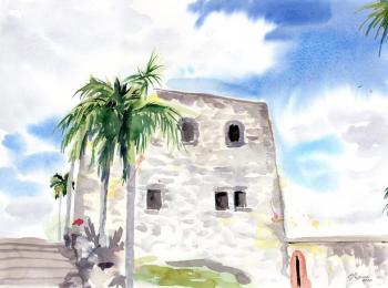 Palm trees and ancient architecture. Dominican Republic. Santo Domingo. Poygina Elena