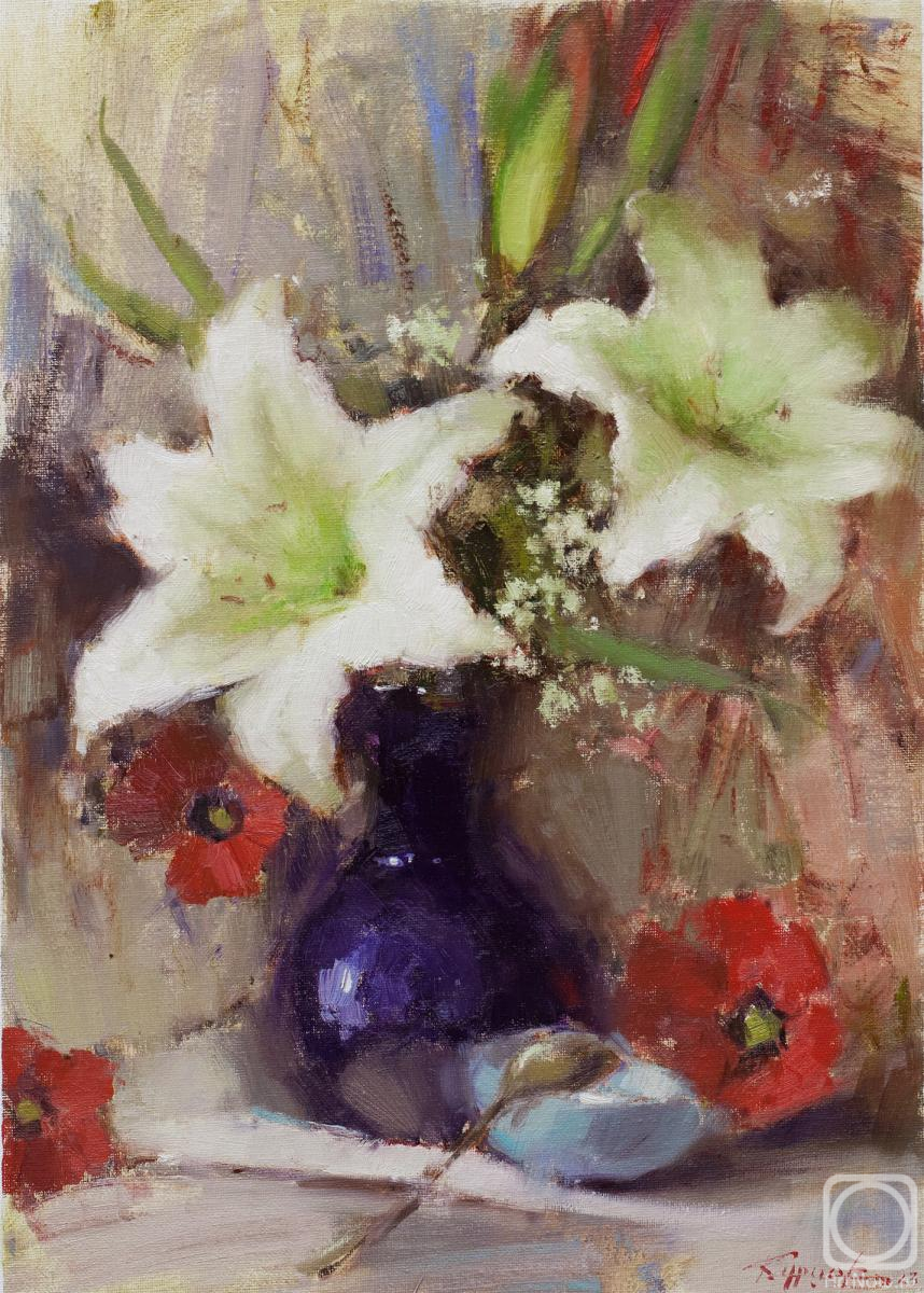 Burtsev Evgeny. White lilies and poppies