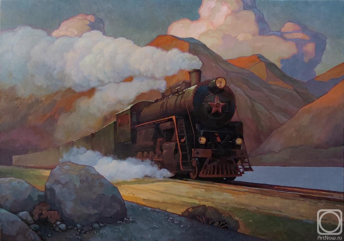 Volkov Sergey. A locomotive runs with a white bouquet of smoky roses