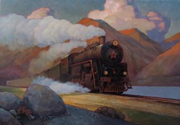 A locomotive runs with a white bouquet of smoky roses. Volkov Sergey