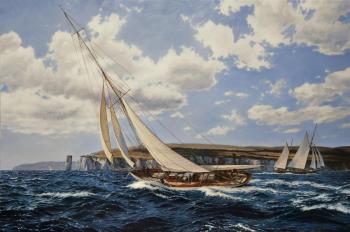 Yacht Lulworth bypasses the rocks of Old Harry Dorset. Aleksandrov Vladimir
