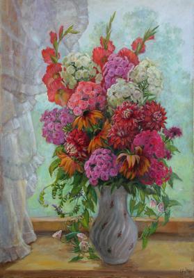 Painting Bouquet and curtain. Shumakova Elena