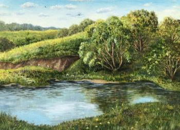 Summer landscape with a river and cranes. Kirilina Nadezhda
