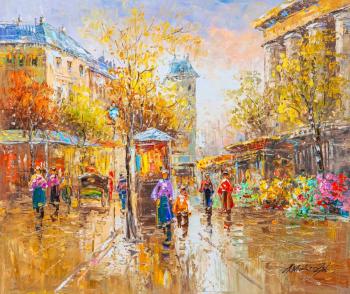 A free copy of the painting by Antoine Blanchard. View of the flower market on Madeleine Square