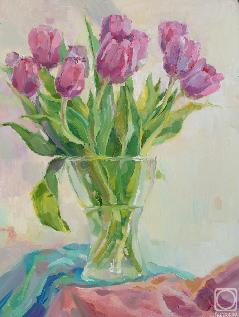 Bulygina Lyudmila. Pink tulips in a glass vase