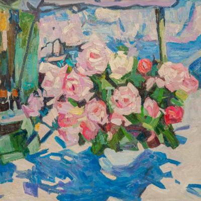 A free copy of the painting by Konstantin Korovin *Roses. A bouquet by the sea* (Paintings For Free). Kamskij Savelij