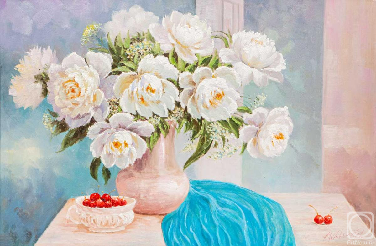 Vlodarchik Andjei. Still life with white peonies and cherries