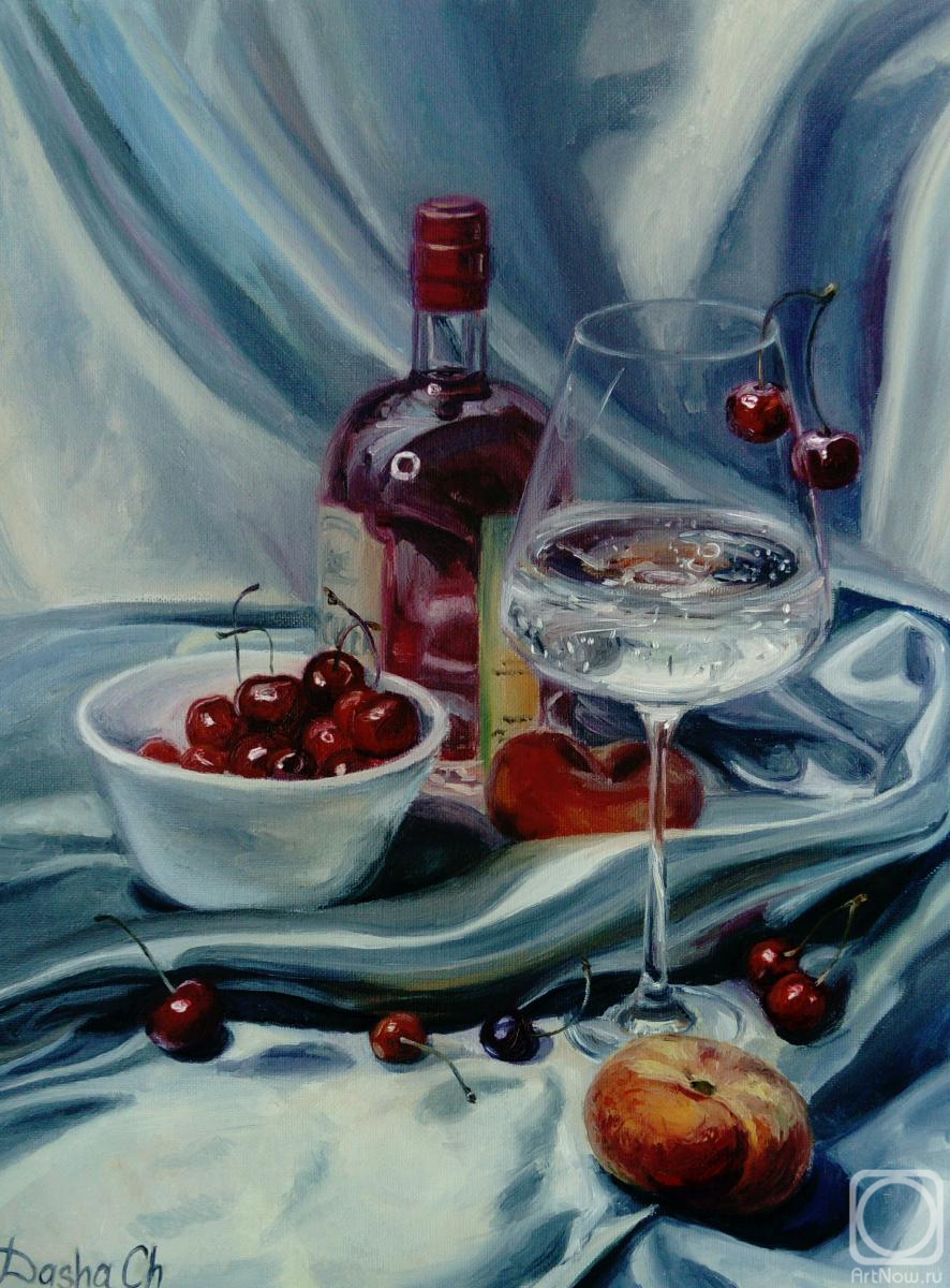 Chernousova Darya. The still life painting with the pink bottle and the wine glass #3