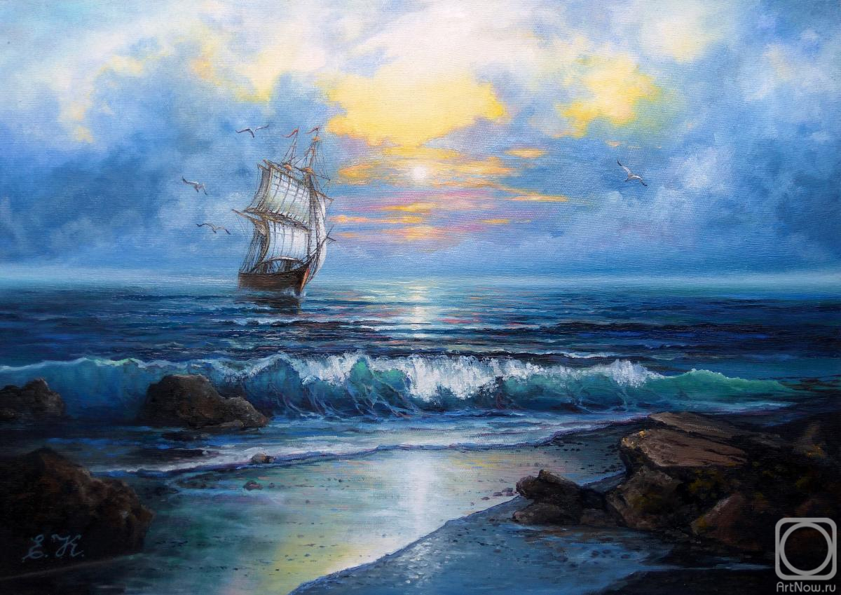 Korableva Elena. Sailing ship in the sea