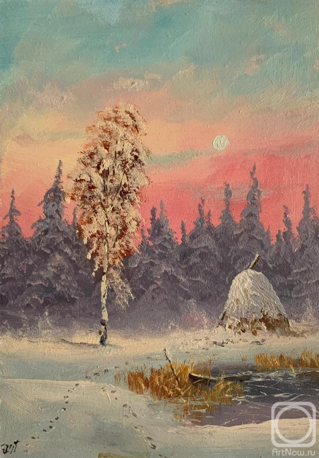 Lyamin Nikolay. Zimushka, Snow-Covered Birch in the Sunset Light
