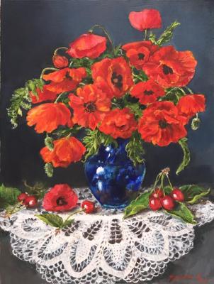 Painting Poppies in a blue vase. Kurilovich Liudmila