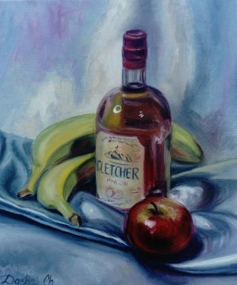 The still life painting with the pink glass bottle #4. Chernousova Darya