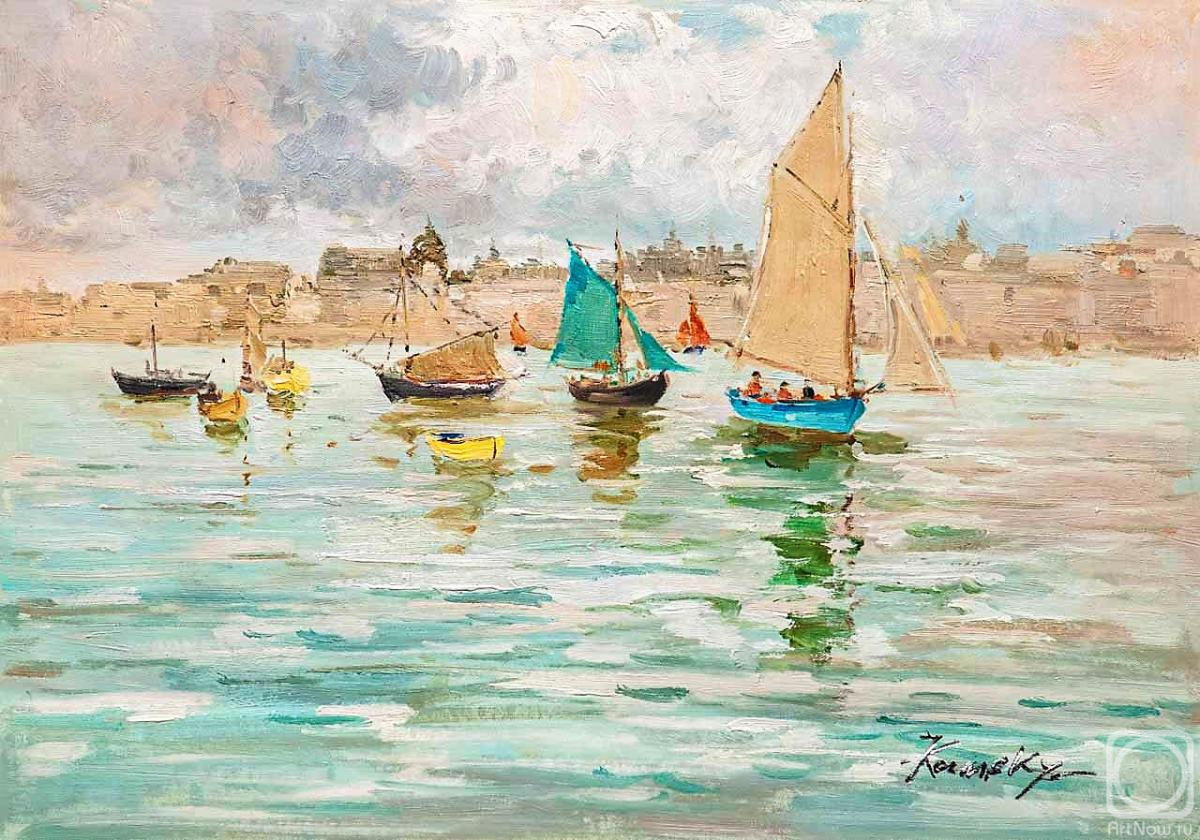 Kamskij Savelij. Boats in the azure sea against the backdrop of the city