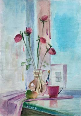 Still life with roses and an apple on the window sill. Filip Denis