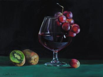 Still life with red wine and fruits. Drevs Margarita