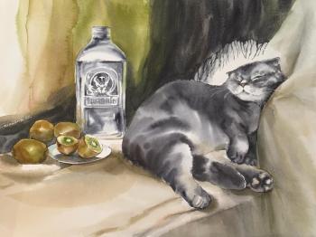 Still life with a sleeping cat (Paper With Cotton). Stoylik liudmila