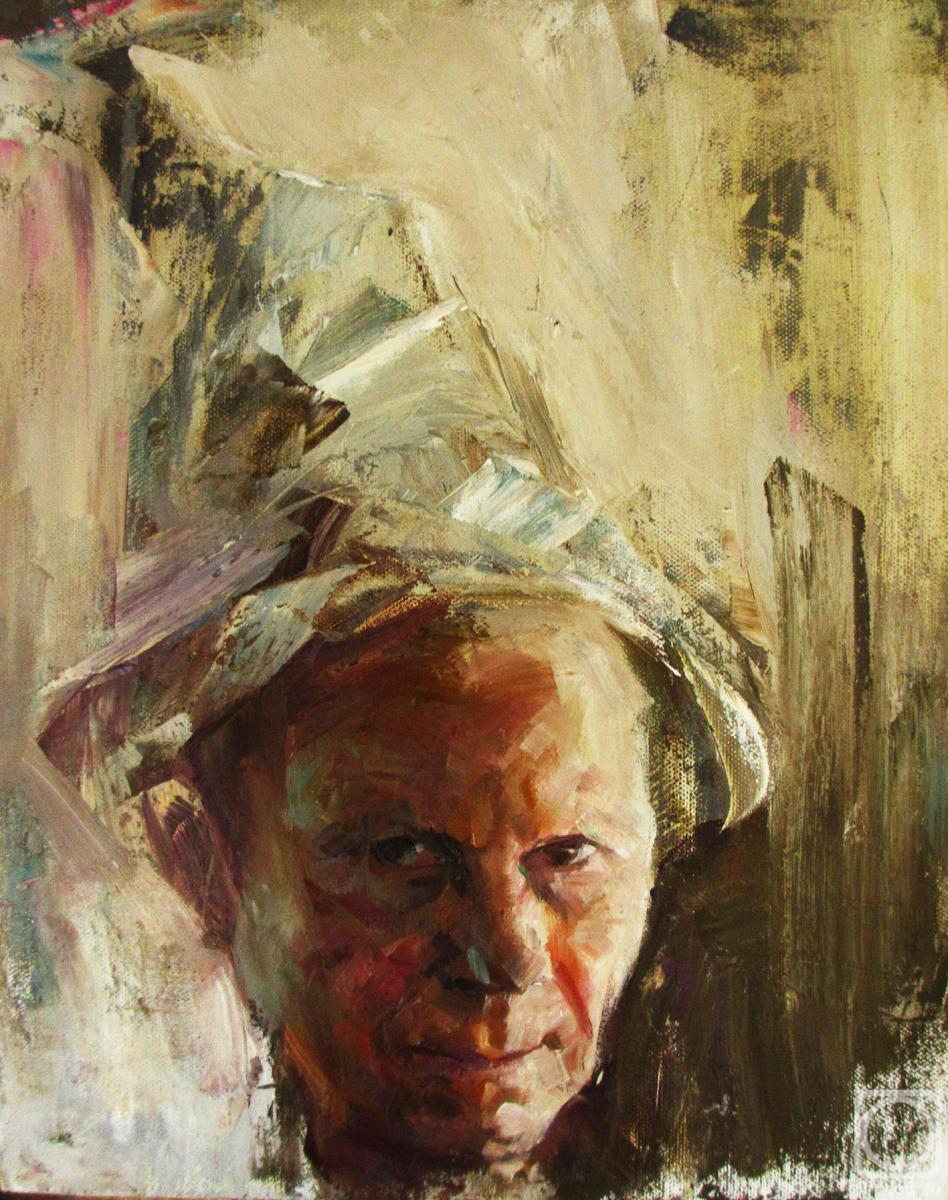 Mishura Vladimir. Ceremonial portrait of a man in a metal foil cap