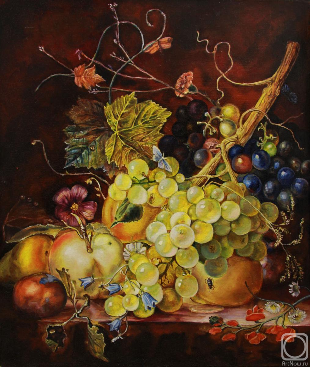 Novodvorskaya Alexandra. Copy of Jan Van Huysum painting "Still life with grapes and peaches on the table"
