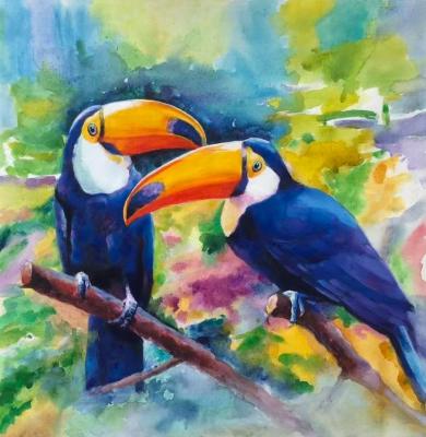 Bright toucans on a branch. Kamskij Savelij