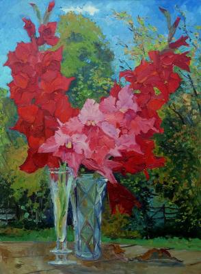 Bright gladioli bloom in September. Melnikov Aleksandr