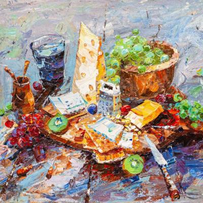 Still life with cheeses and grapes (A Painting For A Cafe). Rodries Jose