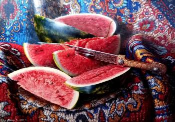 Dagger steel in watermelon pulp. Batin Konstantin