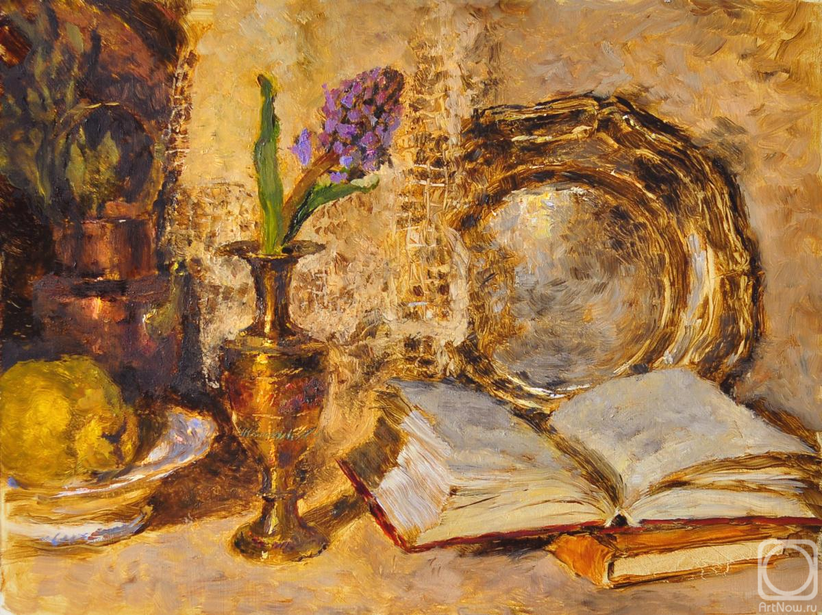 Pylaeva Antoniya. Evening still life with hyacinth, books, brass vase, quince and lace napkin