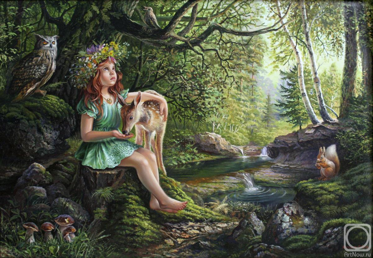 Kostygin Roman. The goddess of the forest Tara listens to the singing of a blackbird