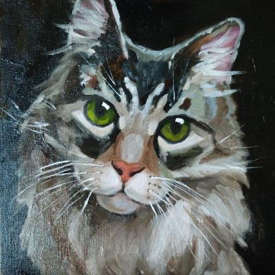 Cat painting grey cat artwork original oil art pet portrate. Lapina Albina