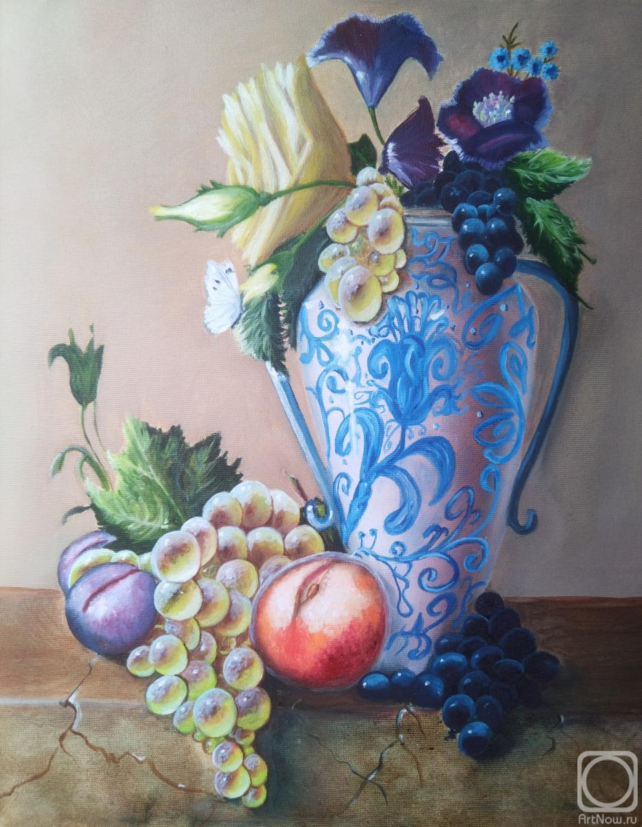 Mironova Margarita. Oil painting vase with fruits and flowers