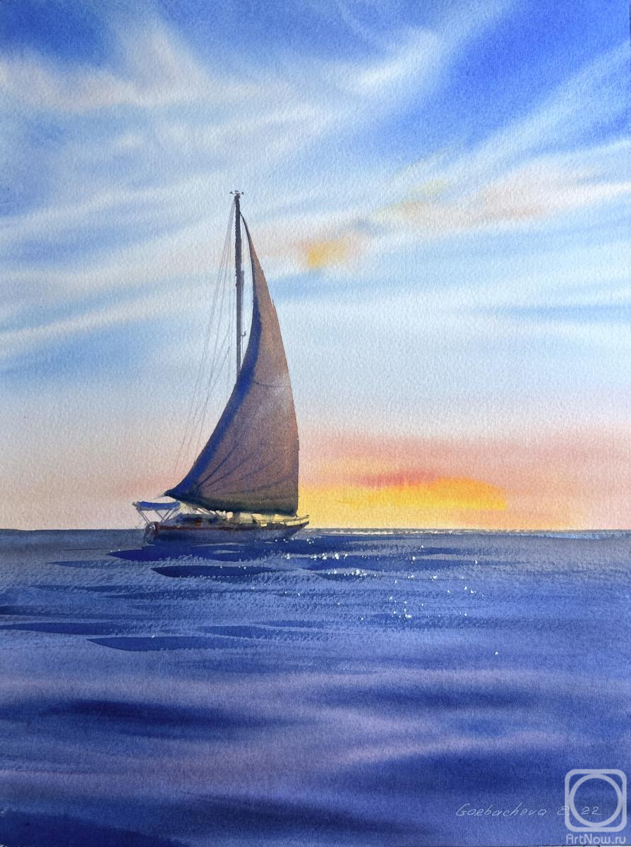 Gorbacheva Evgeniya. Yacht in the sea at sunset