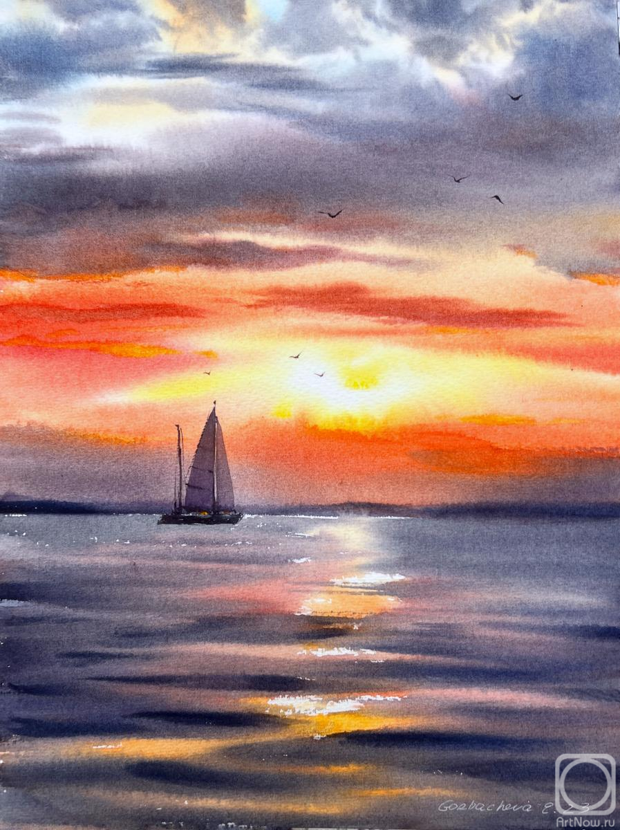 Gorbacheva Evgeniya. Yacht in the sea at sunset #7