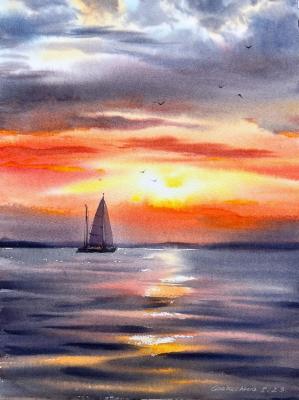 Yacht in the sea at sunset #7. Gorbacheva Evgeniya