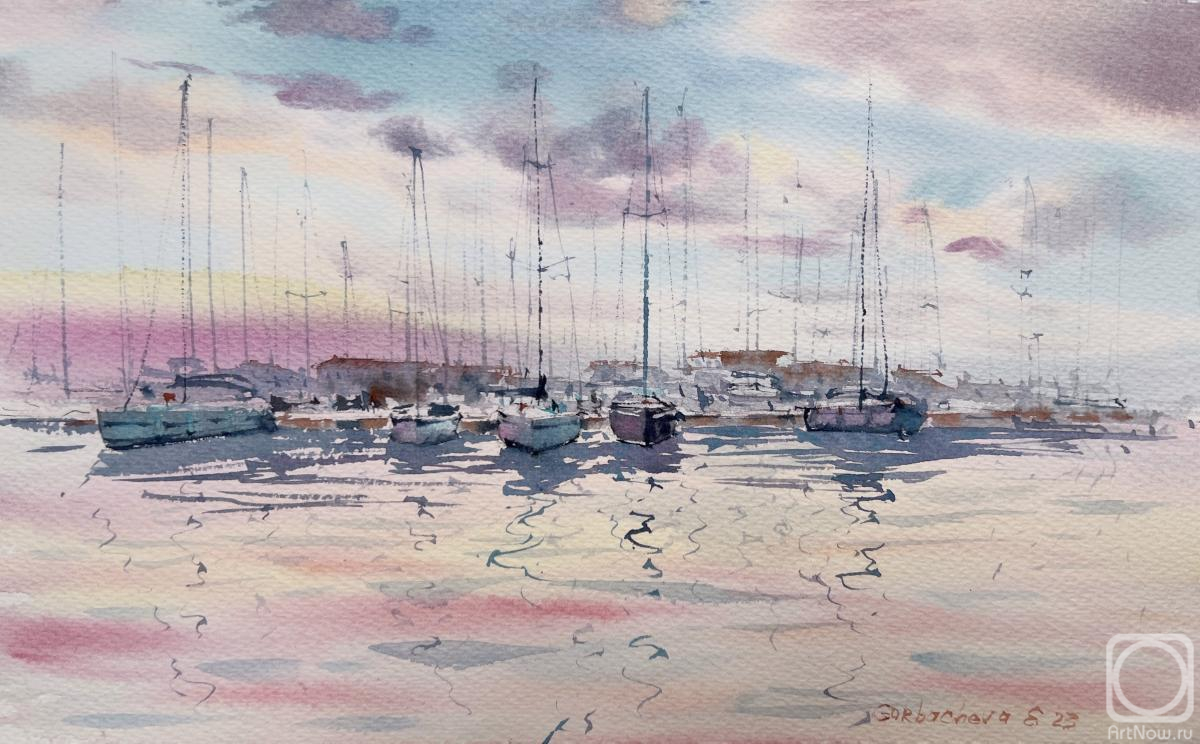 Gorbacheva Evgeniya. Yachts on the pier in a pink sunset
