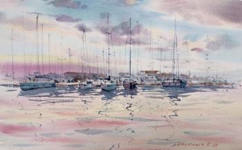 Yachts on the pier in a pink sunset. Gorbacheva Evgeniya
