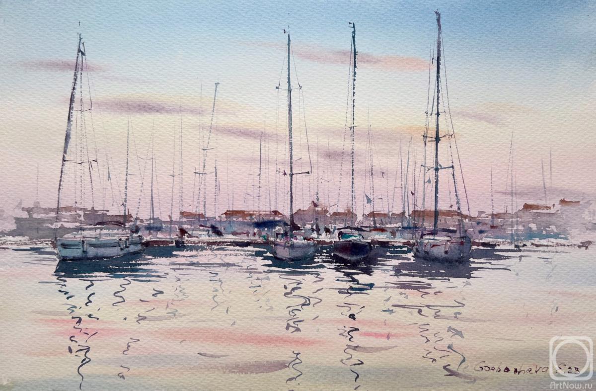 Gorbacheva Evgeniya. Yachts on the pier in a pink sunset #2