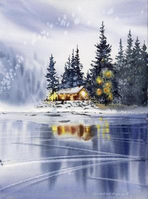House in the night on the shore of the lake (New Year Of The Trees). Gorbacheva Evgeniya