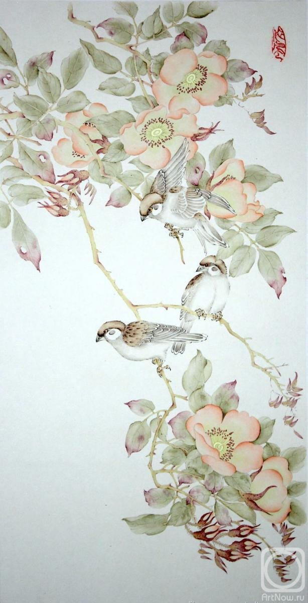 Engardo Anna. Camellia and sparrows