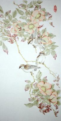 Camellia and sparrows. Engardo Anna